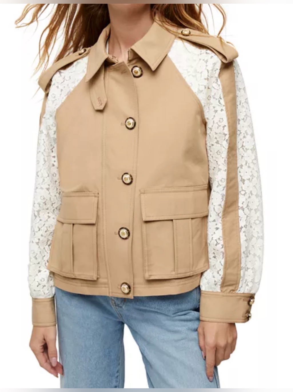 Veronica Beard Oda Mixed Media Coat, Beige Utility With White Lace Sleeves, Xs